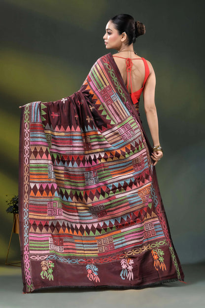 Wine kantha silk saree with multicolor geometric ethnic design 5