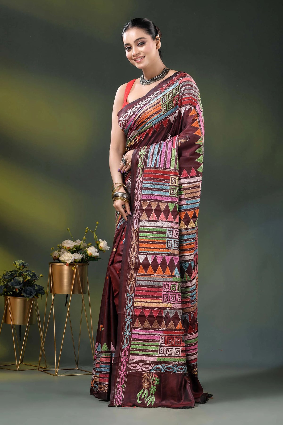 Wine kantha silk saree with multicolor geometric ethnic design 3