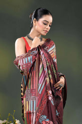Wine kantha silk saree with multicolor geometric ethnic design 2
