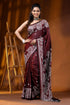 Wine kutch embroidered silk saree with handcrafted paisley motif 1