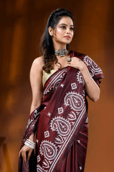 Wine kutch embroidered silk saree with handcrafted paisley motif 2