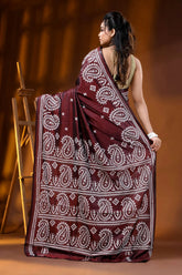 Wine kutch embroidered silk saree with handcrafted paisley motif 4
