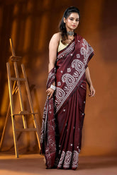 Wine kutch embroidered silk saree with handcrafted paisley motif 5