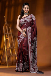 Wine kutch embroidered silk saree with handcrafted paisley motif 6