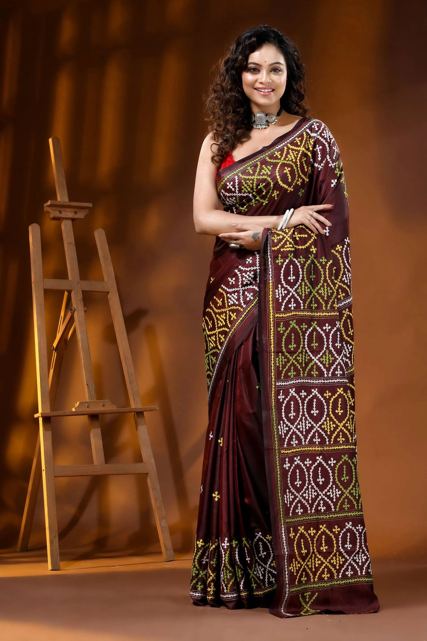 Wine kutch embroidery silk saree with handcrafted multicolor ethnic motif 6