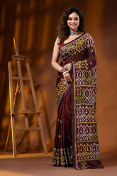 Wine kutch embroidery silk saree with handcrafted multicolor ethnic motif 1