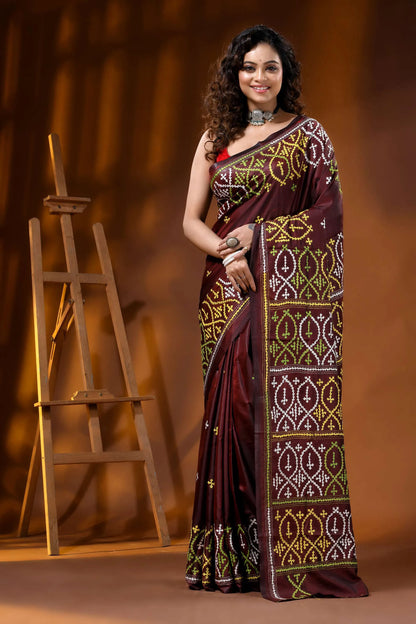 Wine kutch embroidery silk saree with handcrafted multicolor ethnic motif 1
