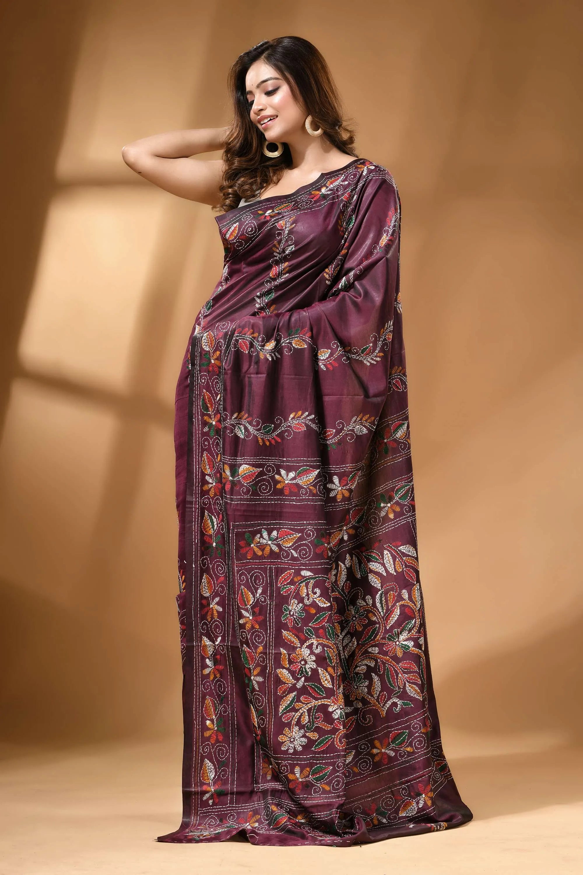 Wine multi-thread floral design handcrafted kantha silk saree rich maroon silk saree adorned 4