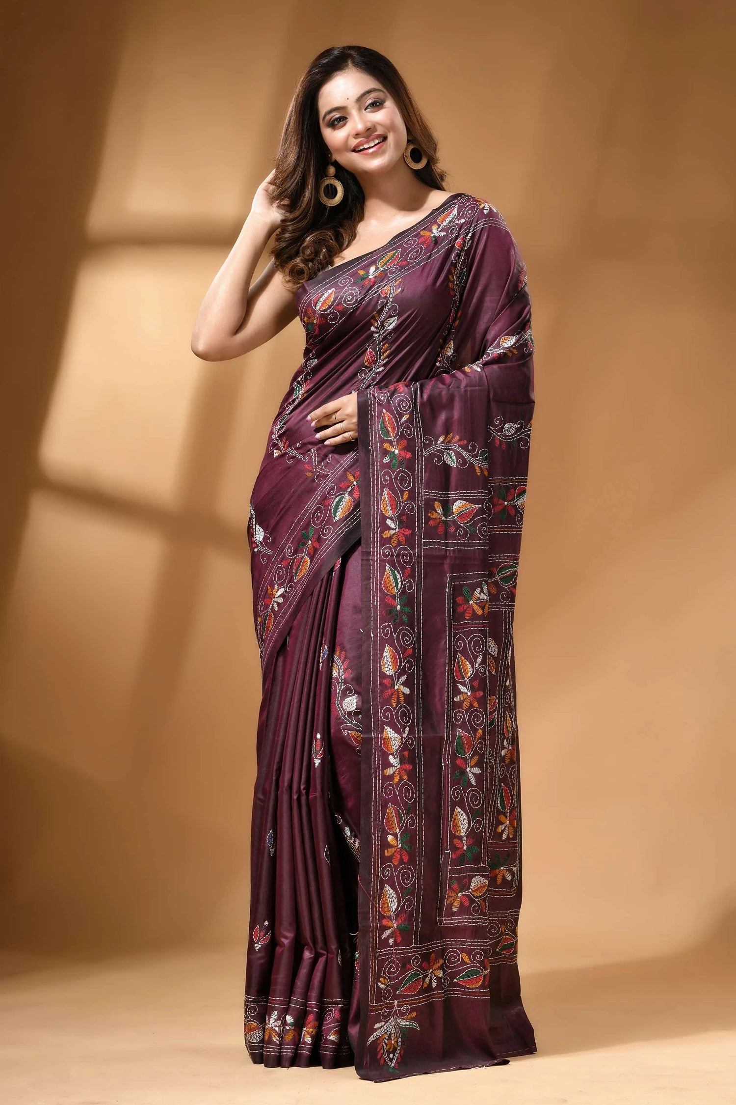 Wine multi-thread floral design handcrafted kantha silk saree rich maroon silk saree adorned 6