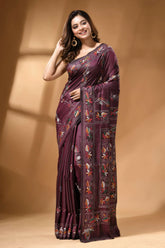 Wine multi-thread floral design handcrafted kantha silk saree rich maroon silk saree adorned 6