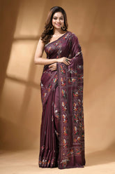 Wine multi-thread floral design handcrafted kantha silk saree rich maroon silk saree adorned 1
