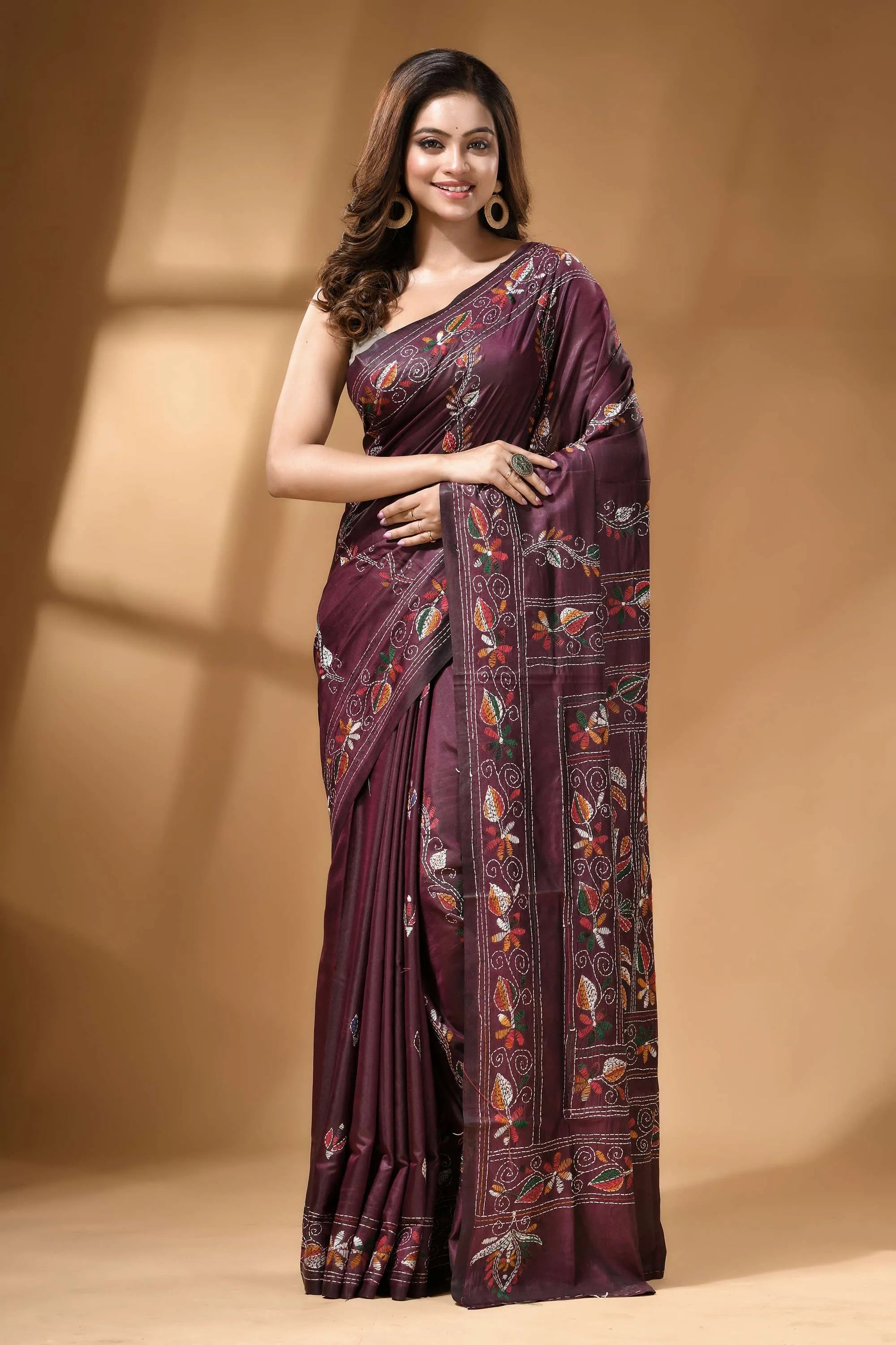 Wine multi-thread floral design handcrafted kantha silk saree rich maroon silk saree adorned 1