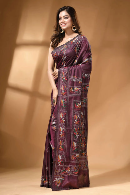 Wine multi-thread floral design handcrafted kantha silk saree rich maroon silk saree adorned 3