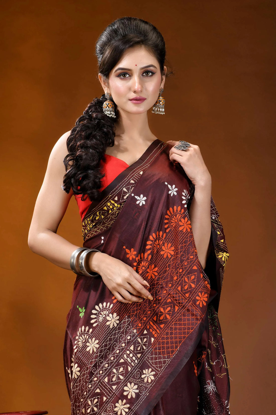 Wine multi-thread floral motif hand embroidered lambani silk saree rich maroon silk saree adorned 2