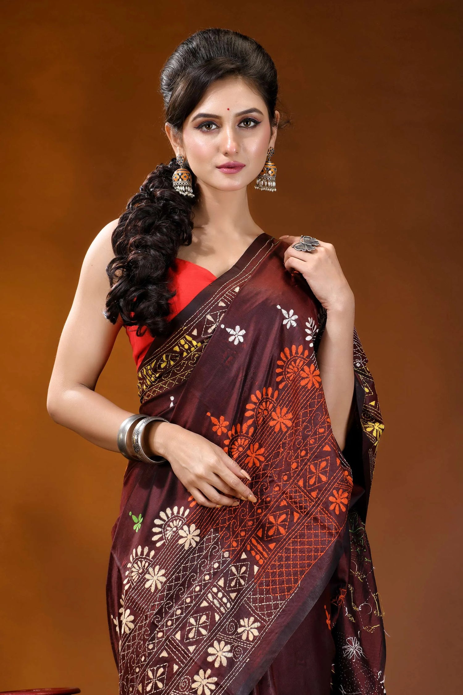 Wine multi-thread floral motif hand embroidered lambani silk saree rich maroon silk saree adorned 2