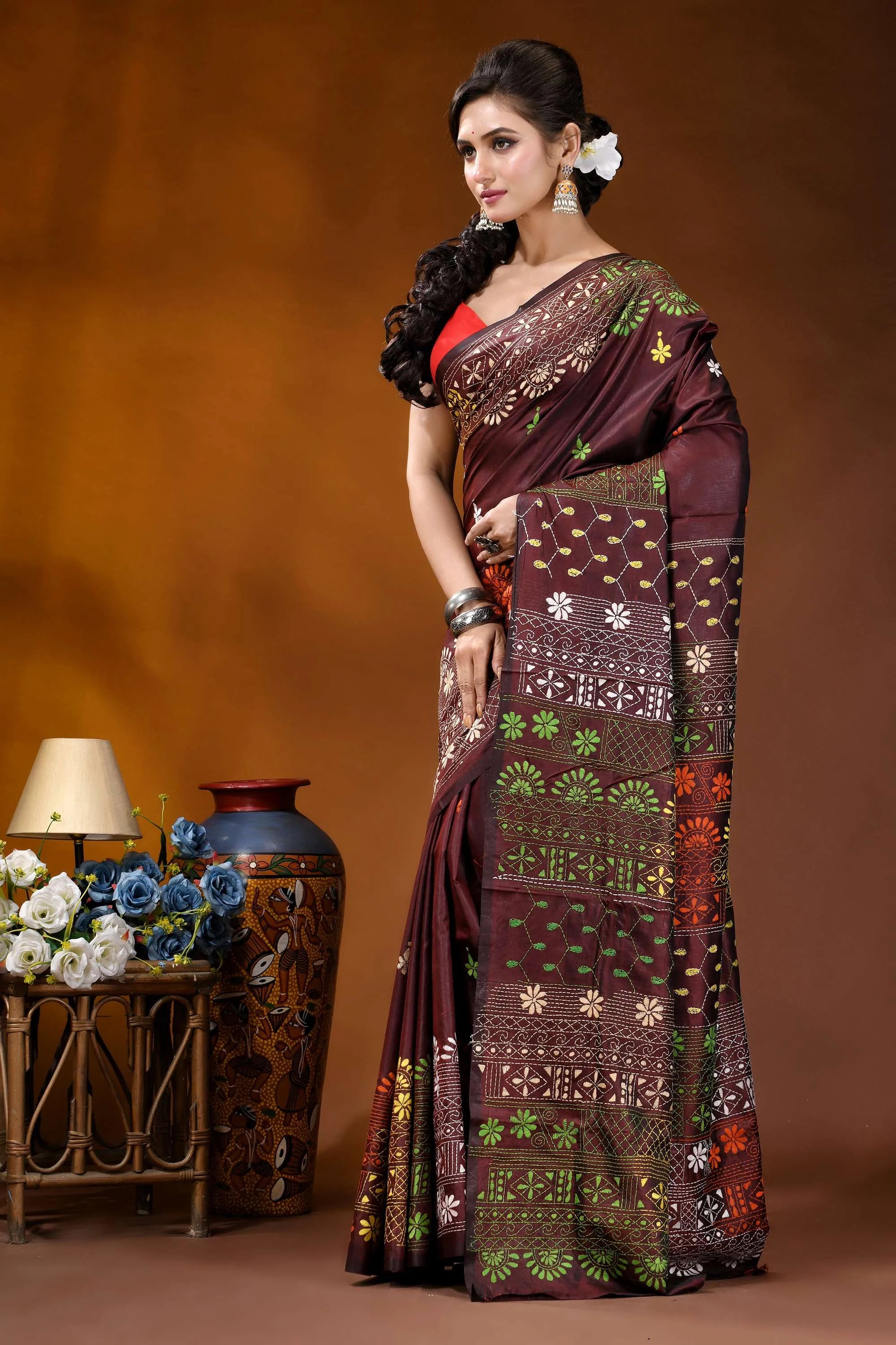 Wine multi-thread floral motif hand embroidered lambani silk saree maroon silk saree intricate embroidered 3