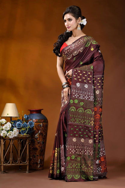 Wine multi-thread floral motif hand embroidered lambani silk saree maroon silk saree intricate embroidered 3