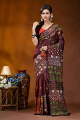 Wine multi-thread floral motif hand embroidered lambani silk saree maroon silk saree intricate floral 1