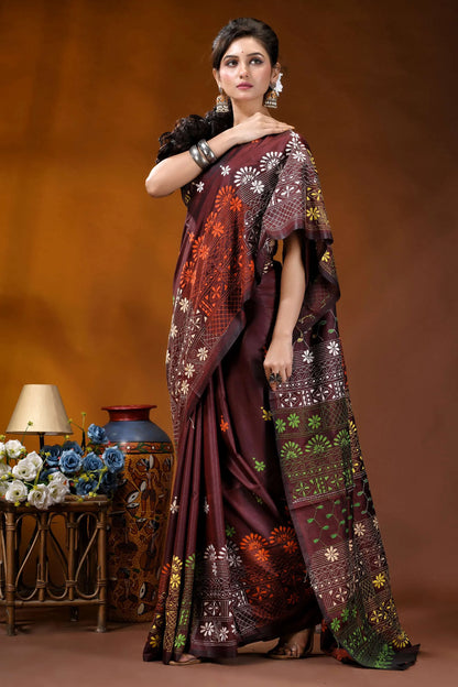 Wine multi-thread floral motif hand embroidered lambani silk saree maroon silk saree adorned intricate 6