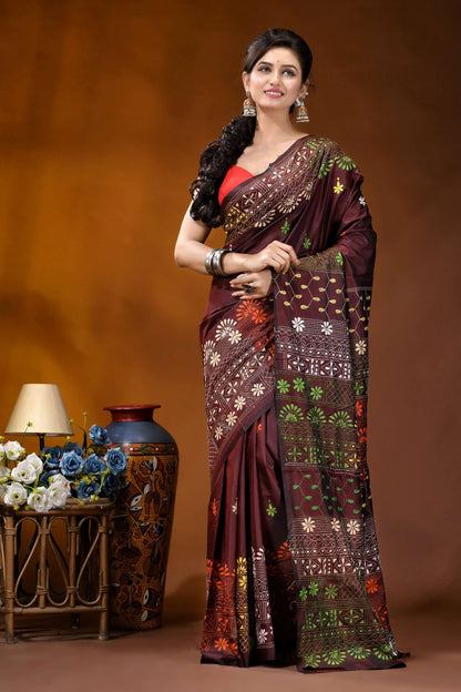 Wine multi-thread floral motif hand embroidered lambani silk saree maroon silk saree intricate floral 7