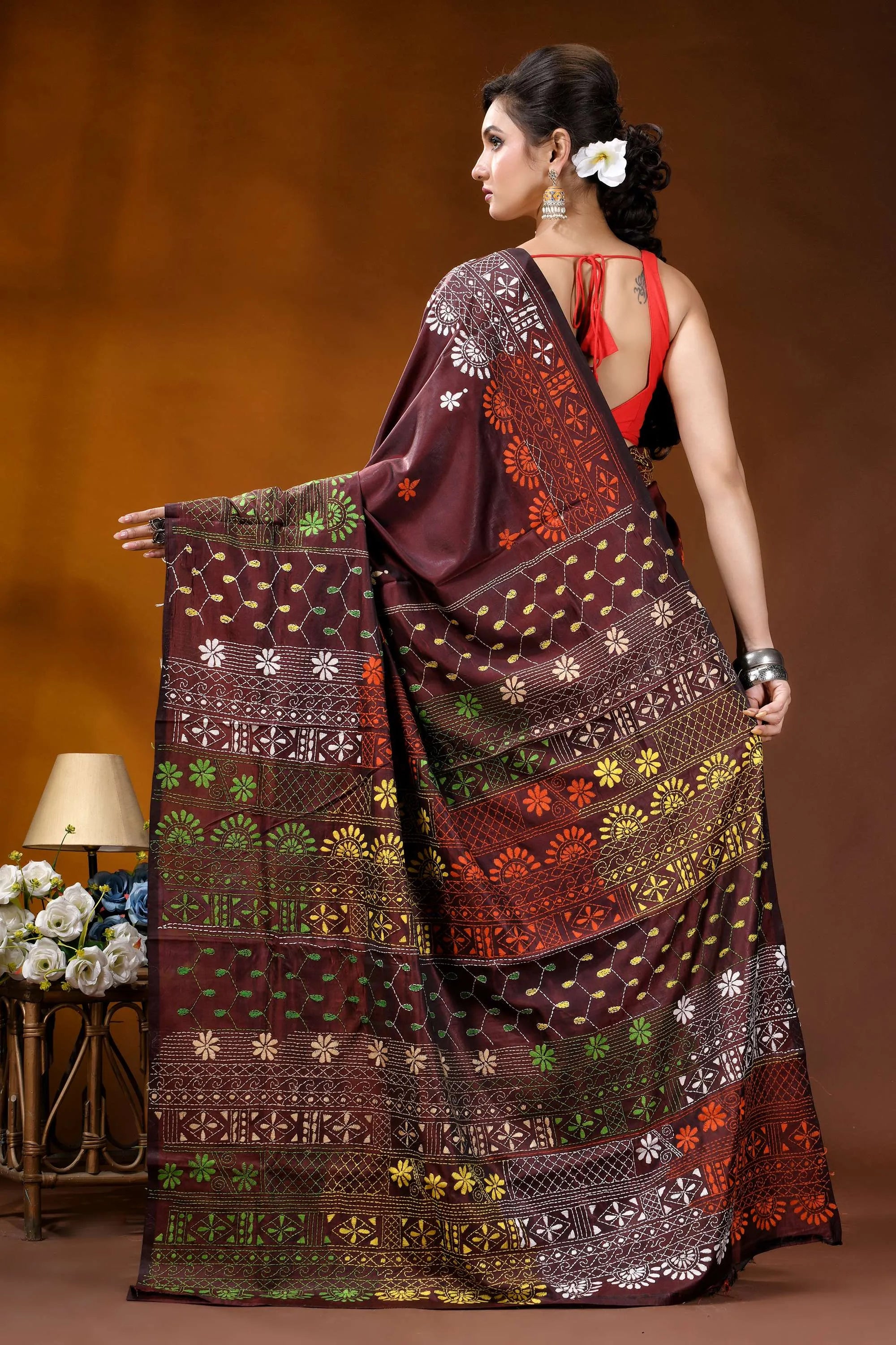 Wine multi-thread floral motif hand embroidered lambani silk saree maroon silk saree adorned intricate 5