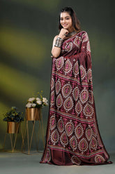 Wine multi-thread handcrafted kutch work silk saree with paisley motifs 4