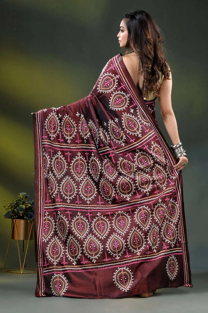 Wine multi-thread handcrafted kutch work silk saree with paisley motifs 5