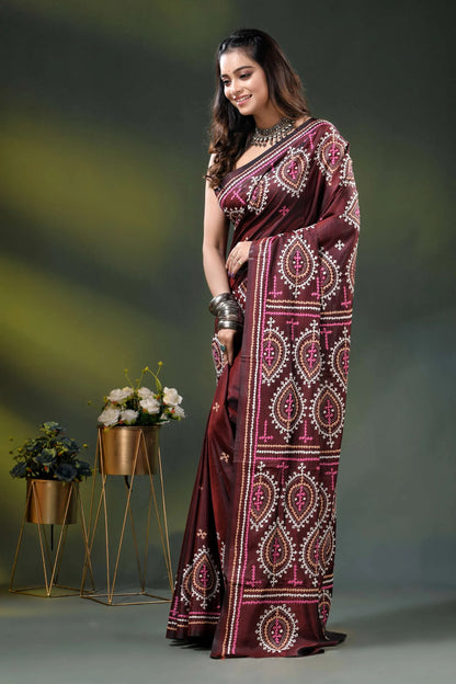 Wine multi-thread handcrafted kutch work silk saree with paisley motifs 3