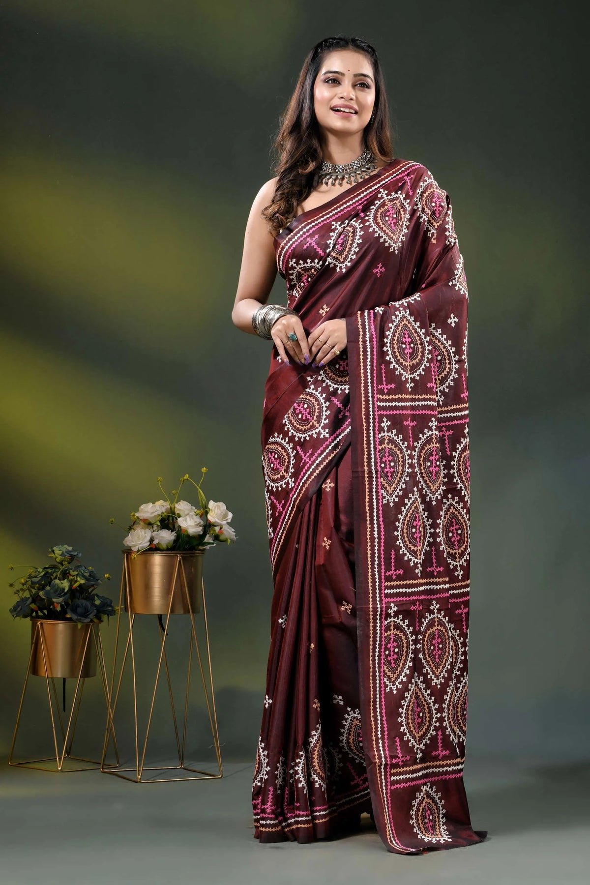 Wine multi-thread handcrafted kutch work silk saree with paisley motifs 6