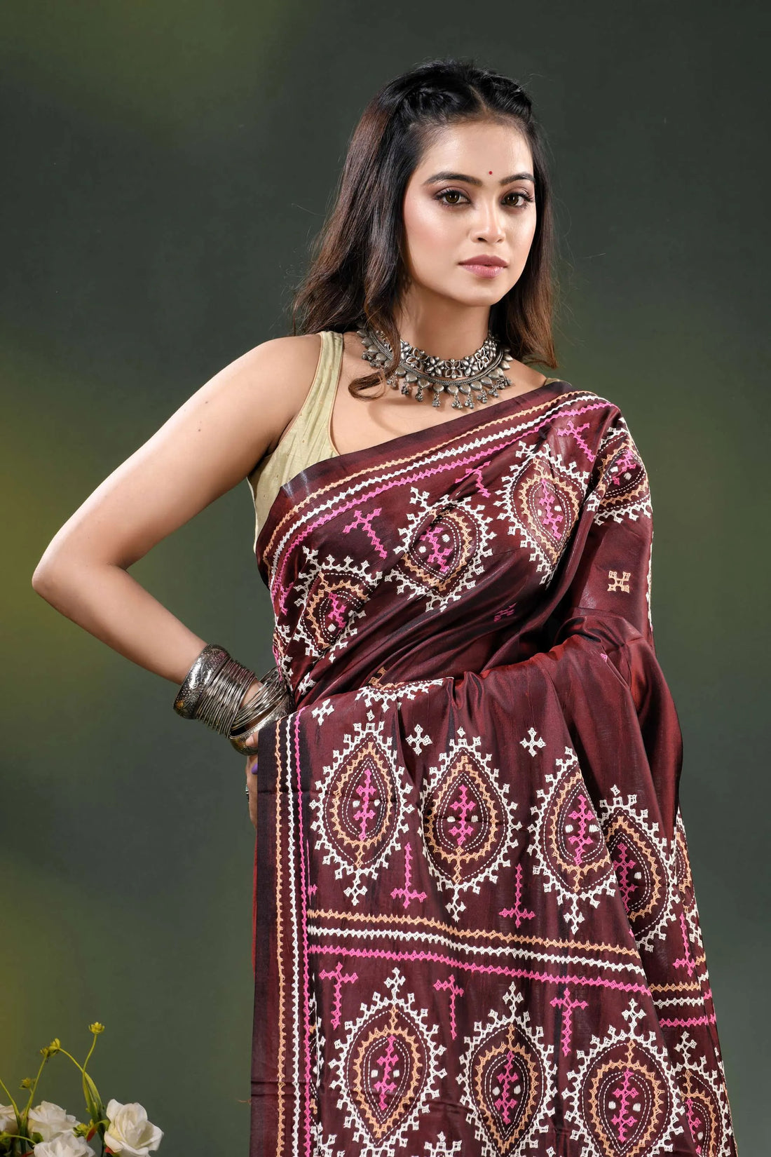 Wine multi-thread handcrafted kutch work silk saree with paisley motifs 2