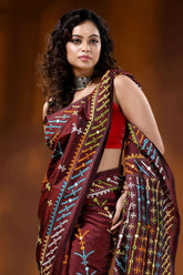 Wine multi-thread kutch embroidered silk saree with mirror detailing 2