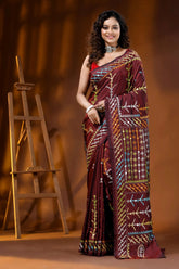 Wine multi-thread kutch embroidered silk saree with mirror detailing 1
