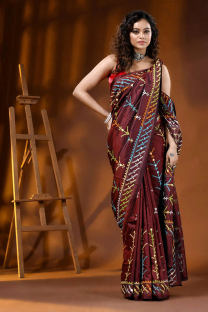 Wine multi-thread kutch embroidered silk saree with mirror detailing 4