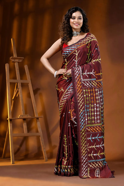 Wine multi-thread kutch embroidered silk saree with mirror detailing 6