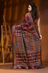 Wine multi-thread kutch embroidered silk saree with mirror detailing 5