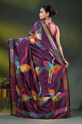 Wine multicolor heron motif handcrafted kantha stitch silk saree 5