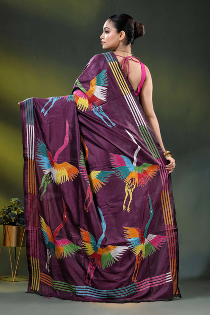 Wine multicolor heron motif handcrafted kantha stitch silk saree 5
