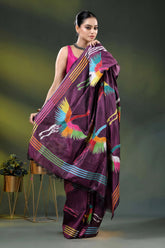 Wine multicolor heron motif handcrafted kantha stitch silk saree 4