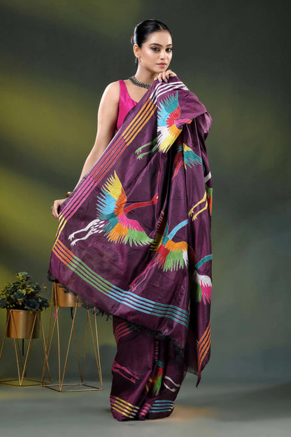 Wine multicolor heron motif handcrafted kantha stitch silk saree 4
