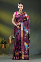 Wine multicolor heron motif handcrafted kantha stitch silk saree 1