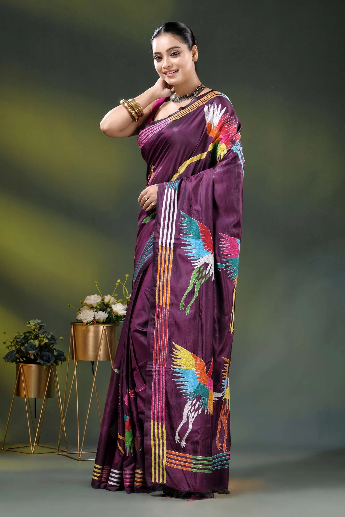 Wine multicolor heron motif handcrafted kantha stitch silk saree 3