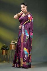Wine multicolor heron motif handcrafted kantha stitch silk saree 3