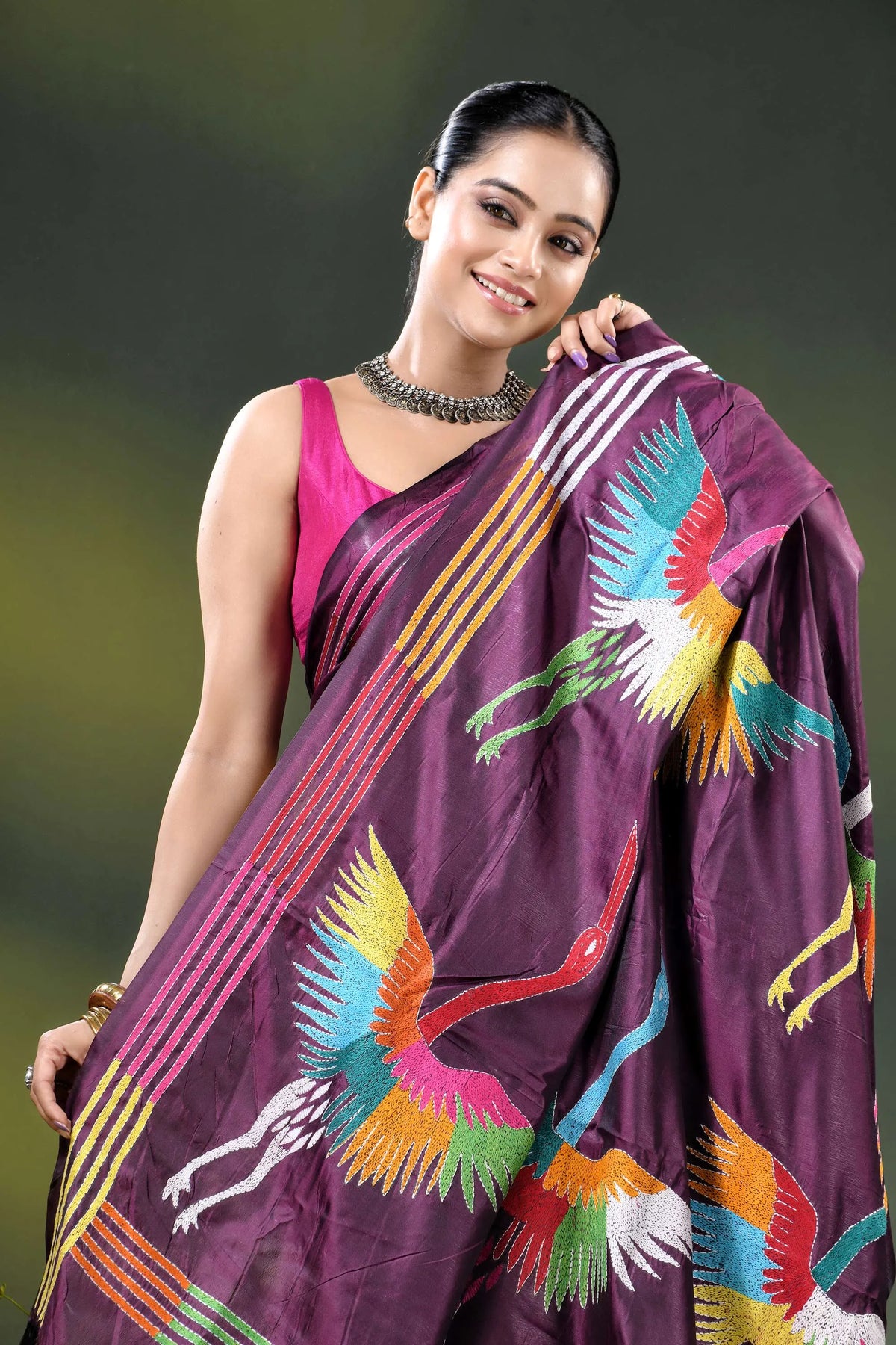 Wine multicolor heron motif handcrafted kantha stitch silk saree 2