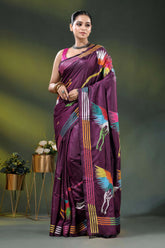 Wine multicolor heron motif handcrafted kantha stitch silk saree 6