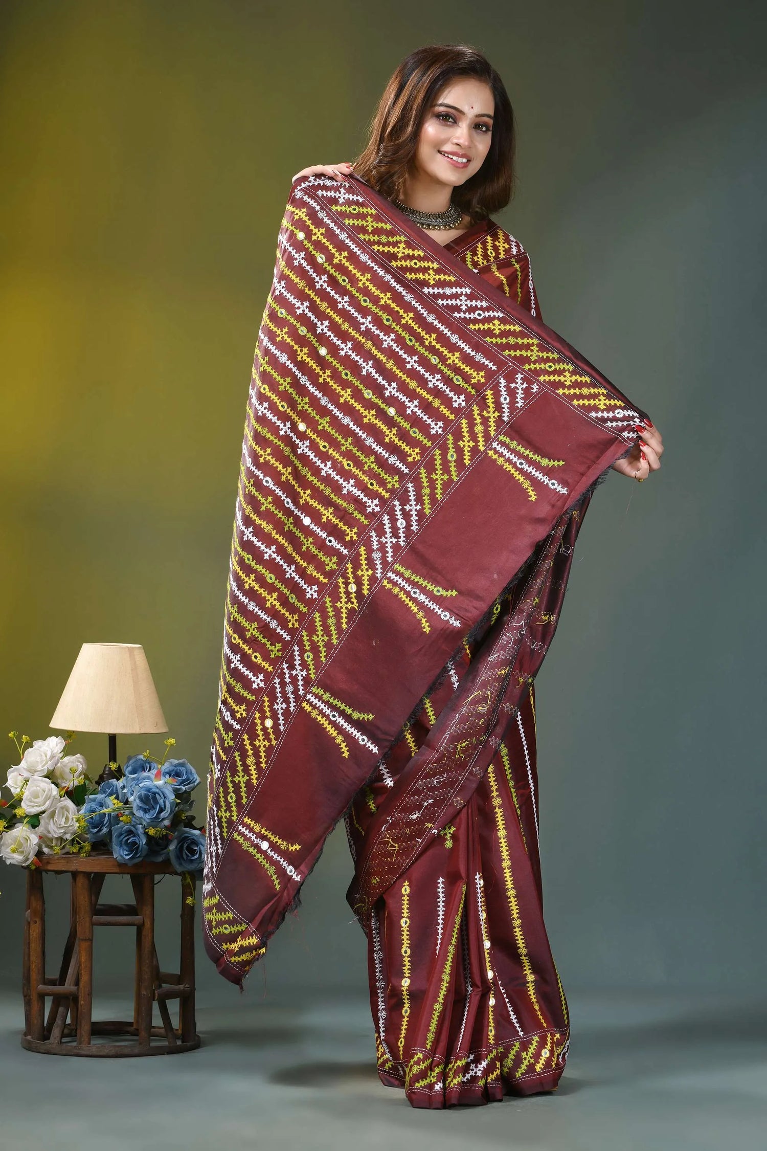 Wine multicolor thread kutch embroidery silk saree - mirror work maroon silk saree intricate gold 7