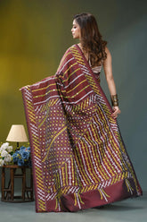 Wine multicolor thread kutch embroidery silk saree - mirror work maroon gold patterned banarasi saree 4