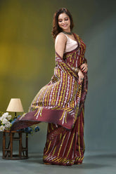 Wine multicolor thread kutch embroidery silk saree - mirror work maroon gold ikat-patterned silk saree 5
