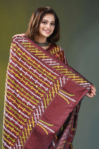 Wine multicolor thread kutch embroidery silk saree - mirror work maroon silk saree intricate yellow 2