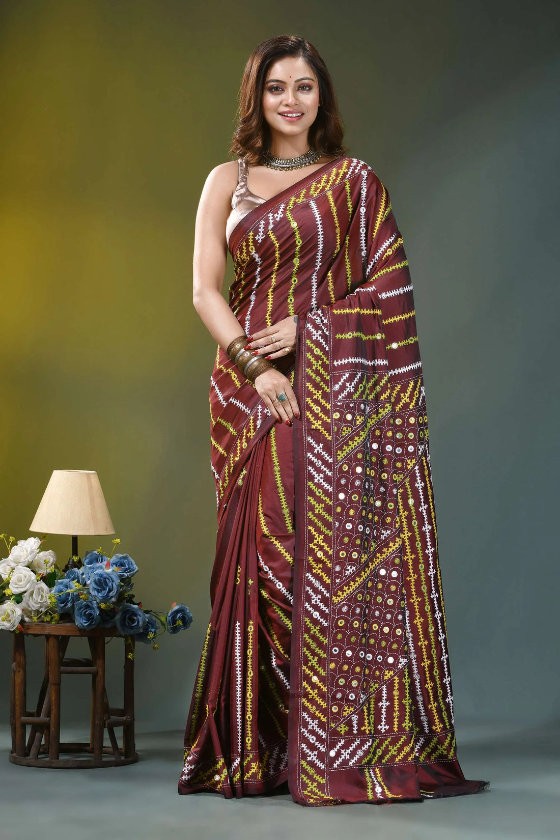 Wine multicolor thread kutch embroidery silk saree - mirror work maroon saree intricate gold white 1