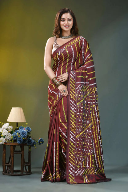 Wine multicolor thread kutch embroidery silk saree - mirror work maroon saree intricate gold white 1